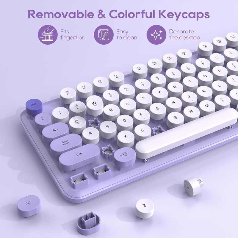 SABLUTE Wireless Keyboard and Mouse Combo, Cute Round Keycaps, Full-Size Retro Typewriter Keyboard with Detachable Wrist Rest, 2.4GHz Cordless Connection for Mac/Windows/PC/Laptop (Purple-Colorful) - Image 3